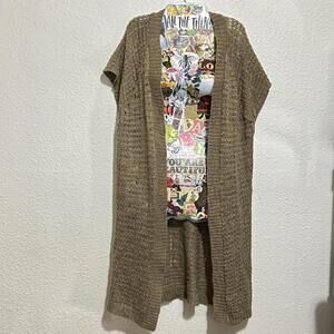 Say What? Y2K 2000s Boho Brown Tan Knit Short Sleeve Duster Cardigan Sz Small